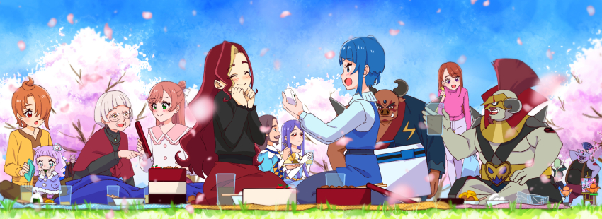 4girls, asymmetrical_bangs, bag, battamonda, beard, bento, bird, black_dress