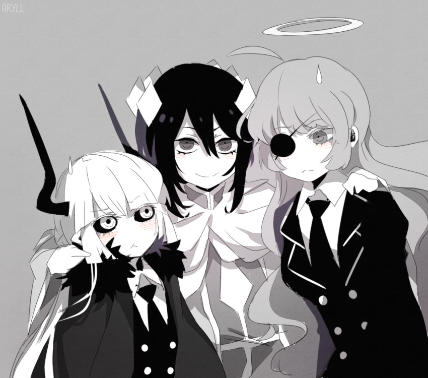 3girls, aryll_(marbles), demon_girl, demon_horns, dress, etihw_(funamusea), formal_clothes, funamusea