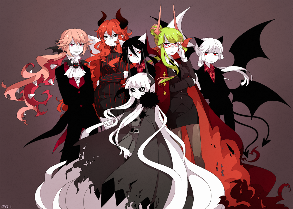 1boy, 5girls, arbus_(funamusea), aryll_(marbles), ater_(funamusea), black_hair, cranber_(funamusea), demon_boy, demon_girl, demon_horns, demon_tail, demon_wings, funamusea, genderswap, genderswap_(ftm), genderswap_(mtf), green_hair, haiiro_teien, horns, kcalb_(funamusea), lost_(funamusea), multiple_girls, pink_hair, red_hair, tail, white_hair, wings, yosaflame_(funamusea)