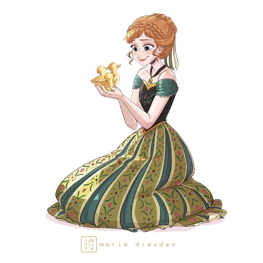 1girl, anna_(frozen), artist_name, baby_animal, bare_shoulders, bird, braid, brown_hair