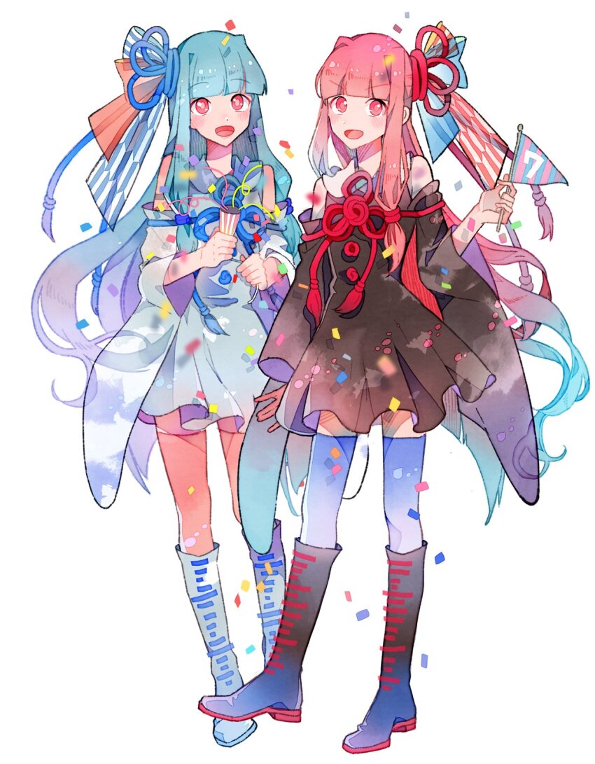 2girls, black_dress, black_footwear, blue_dress, blue_footwear, blue_hair, blue_thighhighs, blunt_bangs, boots, dress, flag, full_body, highres, holding, holding_flag, holding_party_popper, knee_boots, kotonoha_akane, kotonoha_aoi, light_blush, multiple_girls, open_mouth, party_popper, pennant, pink_hair, pink_thighhighs, red_eyes, siblings, simple_background, single_pennant, sisters, smile, standing, thighhighs, twins, voiceroid, white_background, wide_sleeves, yoshida_yoshitsugi