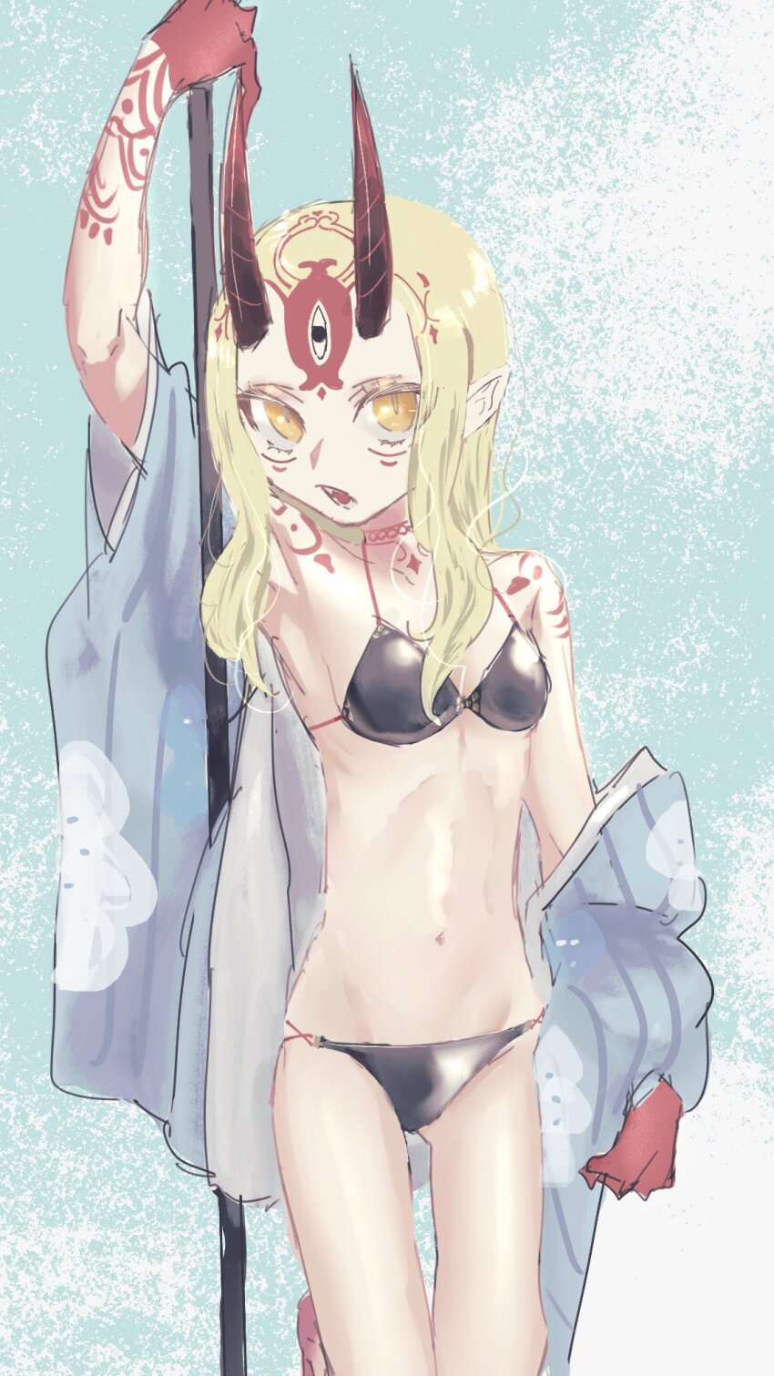 1girl, bikini, black_bikini, blonde_hair, body_markings, breasts, commentary_request, eieio006