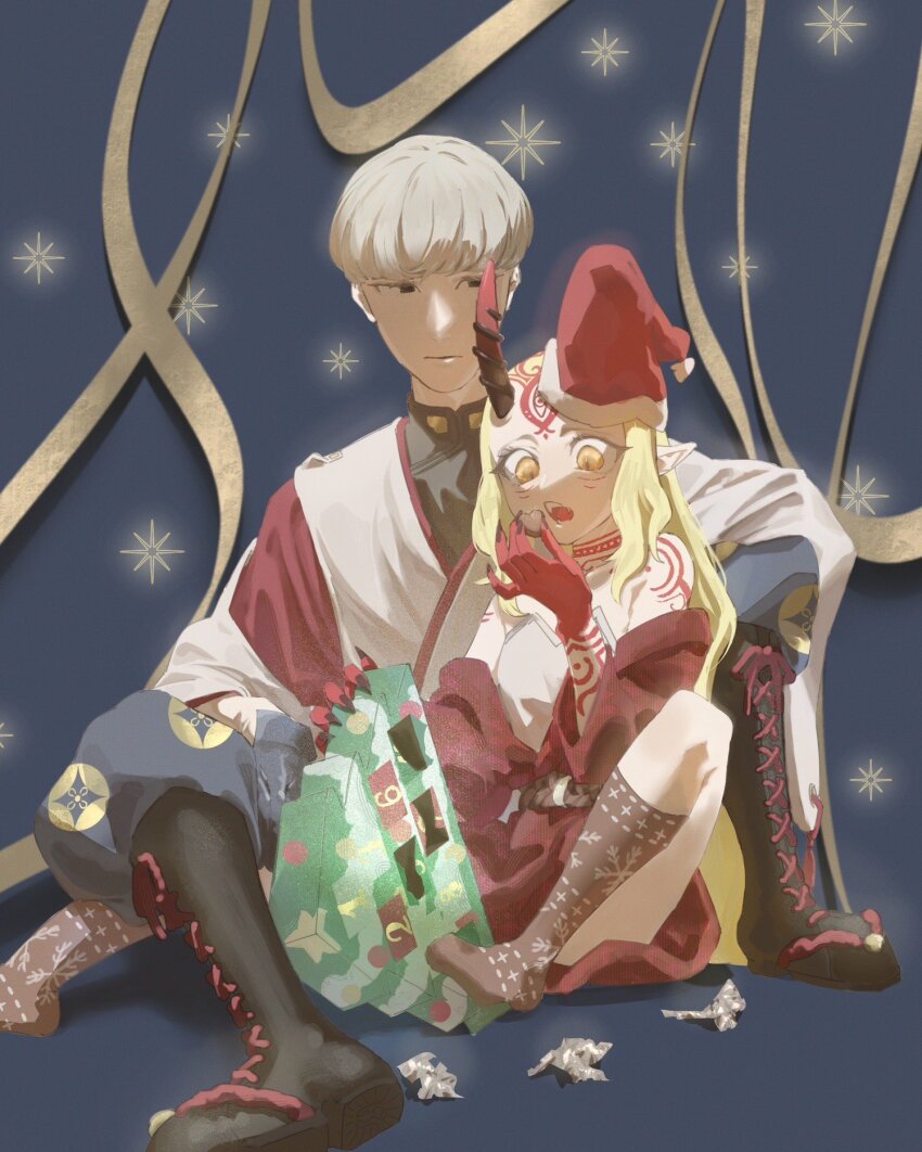 1boy, 1girl, advent_calendar, blonde_hair, body_markings, boots, candy, chocolate, chocolate_heart, christmas, commentary_request, eieio006, facial_mark, fate/grand_order, fate_(series), food, forehead_mark, grey_hair, hat, heart, heart-shaped_food, highres, horns, ibaraki_douji_(fate), long_hair, looking_at_another, oni, pointy_ears, santa_costume, santa_hat, sitting, socks, watanabe_no_tsuna_(fate), yellow_eyes