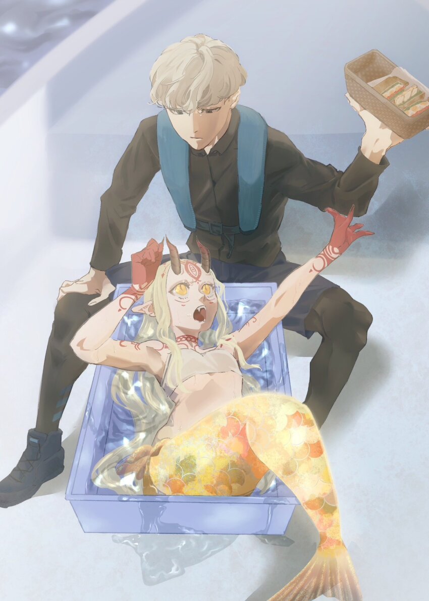 1boy, 1girl, bandeau, black_shirt, blonde_hair, breasts, commentary_request, eieio006