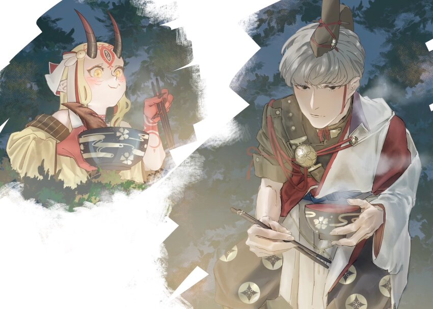 1boy, 1girl, black_eyes, blonde_hair, blush, bowl, bowl_cut, chopsticks