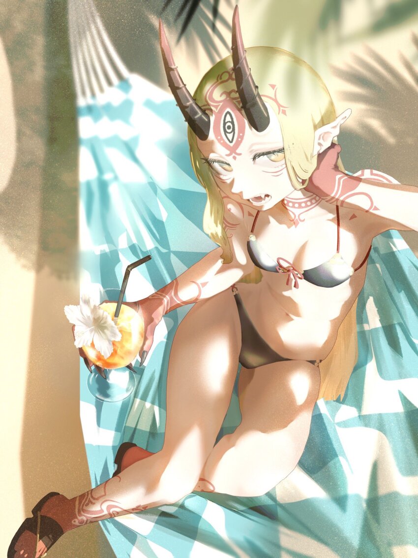 1girl, blonde_hair, body_markings, breasts, commentary_request, drink, eieio006, facial_mark, fangs, fate/grand_order, fate_(series), forehead_mark, hammock, highres, horns, ibaraki_douji_(fate), ibaraki_douji_(fate/grand_order), ibaraki_douji_(swimsuit_lancer)_(fate), ibaraki_douji_(swimsuit_lancer)_(first_ascension)_(fate), long_hair, navel, oni, open_mouth, outdoors, pointy_ears, sitting, small_breasts, solo, summer, sunlight