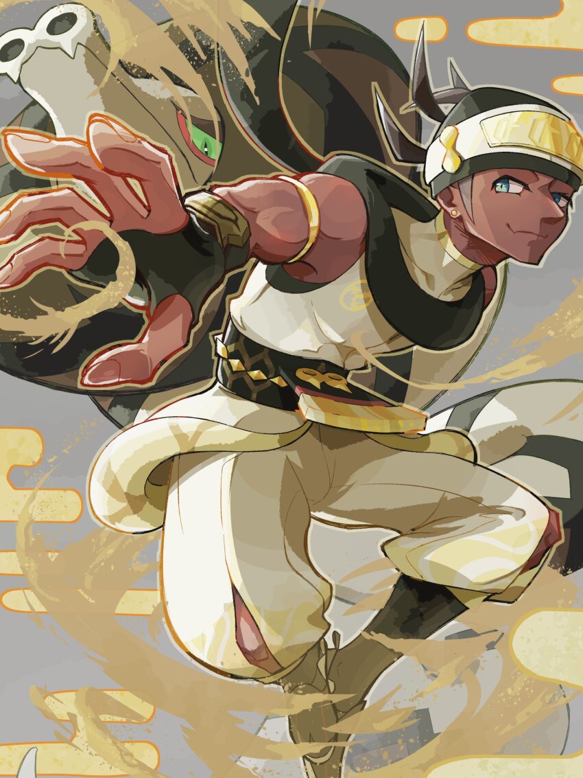 1boy, absurdres, aqua_eyes, armlet, beanie, black_gloves, black_hat, black_socks