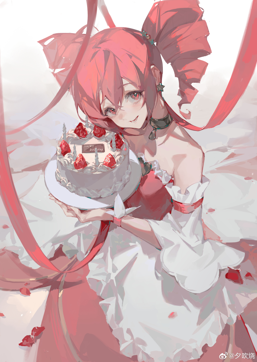 1girl, absurdres, bare_shoulders, cake, choker, detached_sleeves, dress, drill_hair