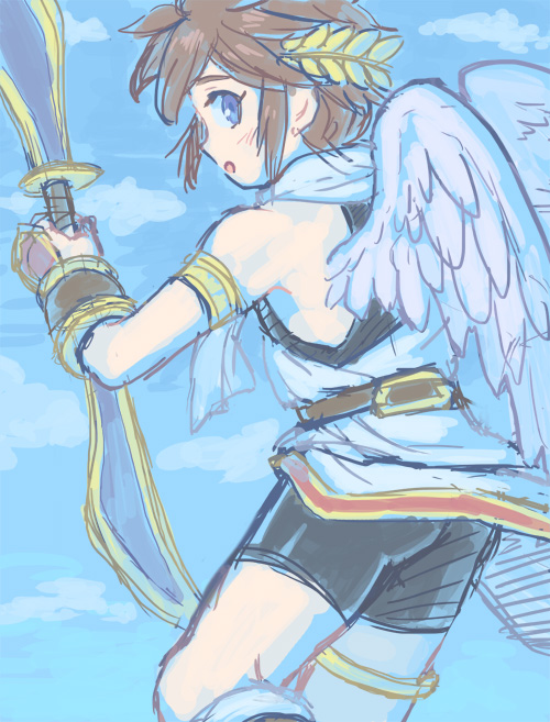 1boy, angel, angel_wings, belt, bike_shorts, bike_shorts_under_skirt, blue_eyes, blue_sky, brown_belt, brown_hair, feathered_wings, gold_thighlet, holding, holding_sword, holding_weapon, jewelry, kid_icarus, kid_icarus_uprising, laurel_crown, looking_back, male_focus, nintendo, nopepe, open_mouth, pit_(kid_icarus), short_hair, shota, sidelocks, sky, solo, sword, thighlet, undershirt, weapon, white_wings, wings