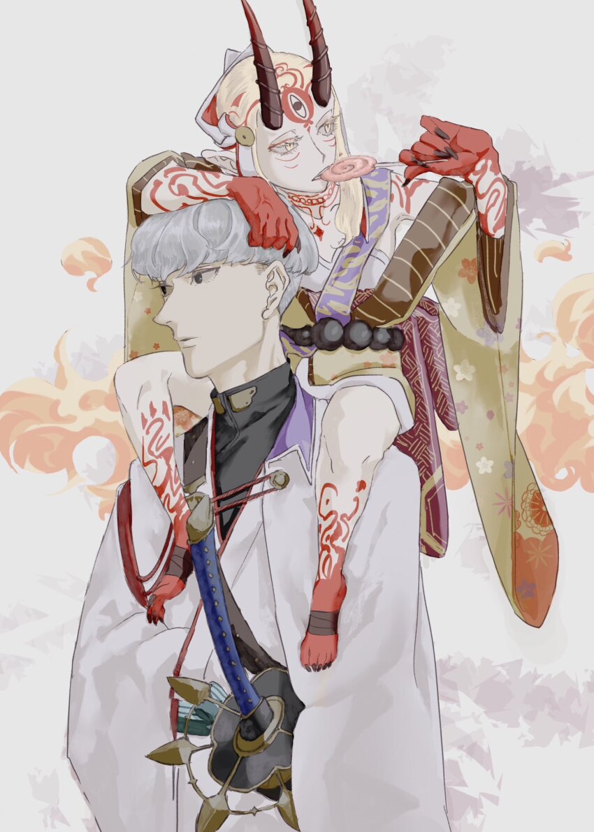 1boy, 1girl, blonde_hair, candy, carrying, commentary_request, eieio006, facial_mark