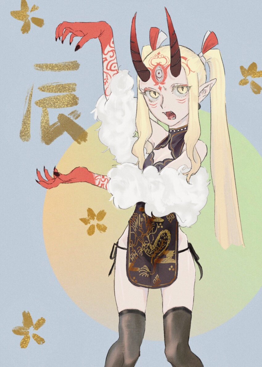 1girl, bare_shoulders, black_panties, black_thighhighs, blonde_hair, china_dress, chinese_clothes, commentary_request