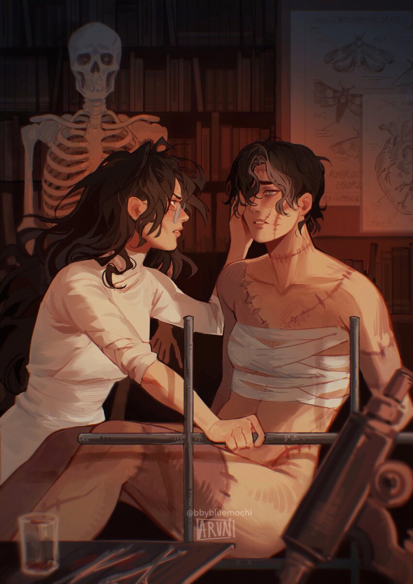 2girls, absurdres, artist_name, bandaged_chest, bbybluemochi, black_hair, book, bookshelf, breasts, commentary, completely_nude, english_commentary, frankenstein, frankenstein's_monster, genderswap, genderswap_(mtf), glasses, grey_eyes, hair_over_one_eye, hand_on_another's_head, highres, long_hair, microscope, multiple_girls, nude, parted_lips, round_eyewear, shirt, short_hair, signature, skeleton, small_breasts, stitches, turtleneck, turtleneck_shirt, very_long_hair, victor_frankenstein, white_shirt