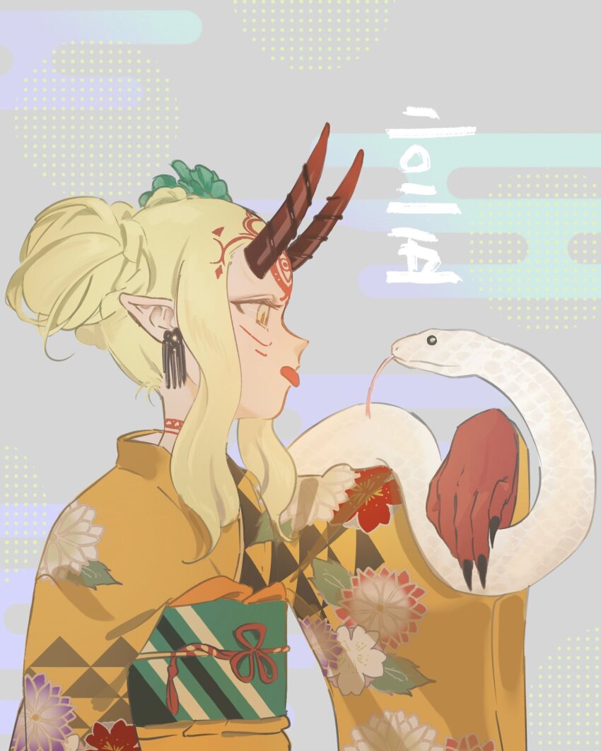 1girl, 2025, :p, blonde_hair, chinese_zodiac, commentary_request, double_bun, earrings