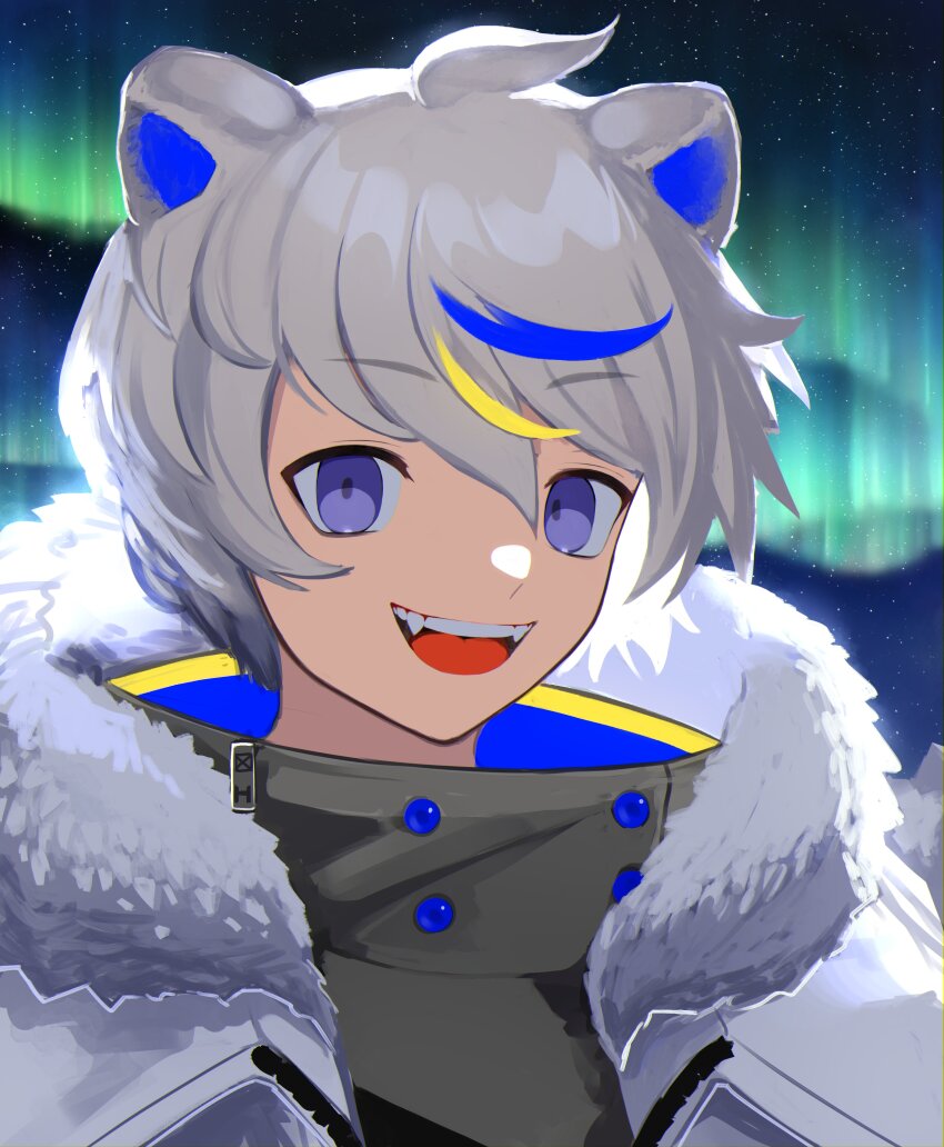 1boy, :d, absurdres, ahoge, animal_ears, aurora, blonde_hair, blue_hair, commentary, english_commentary, fangs, fur-trimmed_jacket, fur_trim, globie, hair_between_eyes, highres, ibuki_bjorn, jacket, kiilmavt, looking_at_viewer, male_focus, multicolored_hair, open_clothes, open_jacket, open_mouth, purple_eyes, smile, solo, streaked_hair, teeth, tongue, upper_teeth_only, virtual_youtuber, white_jacket