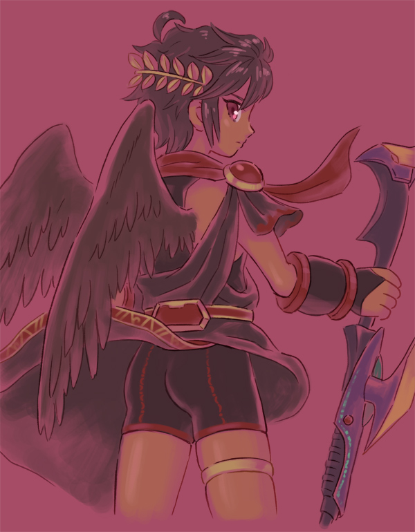 ahoge, alternate_color, alternate_skin_color, androgynous, belt, bike_shorts, bike_shorts_under_skirt, black_hair, black_wings, bracer, closed_mouth, dark_pit, dark_pit_staff_(kid_icarus), feathered_wings, fingerless_gloves, gloves, holding, kid_icarus, kid_icarus_uprising, laurel_crown, looking_back, male_focus, nintendo, nopepe, official_alternate_color, official_alternate_skin_color, pink_background, pink_eyes, red_belt, red_scarf, red_trim, scarf, short_hair, shota, sidelocks, super_smash_bros., wings
