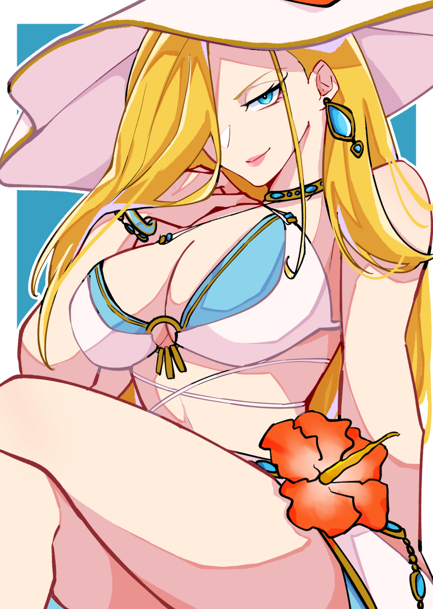 1girl, armlet, blonde_hair, blue_background, blue_eyes, breasts, cleavage, earrings, flower, flower_in_clothes, fullmetal_alchemist, gold_choker, hand_on_own_shoulder, hat, highres, jewelry, long_hair, looking_at_viewer, mature_female, medium_breasts, olivier_mira_armstrong, one_eye_covered, red_flower, seductive_smile, simple_background, single_earring, smile, suama_sandesu, swimsuit, white_hat
