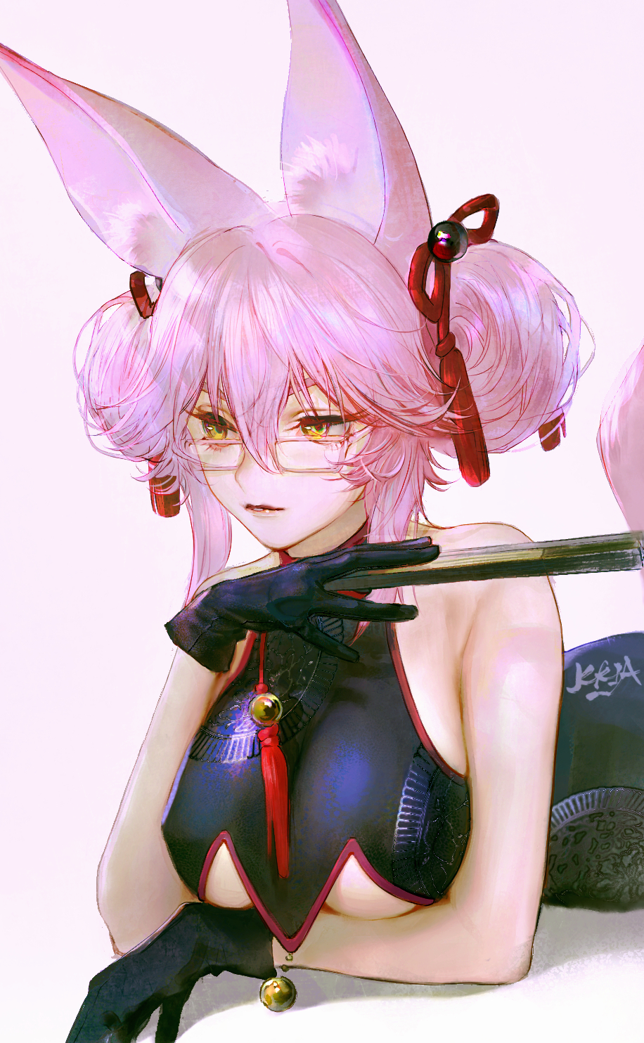 1girl, animal_ear_fluff, animal_ears, black_gloves, breasts, china_dress, chinese_clothes, double_bun