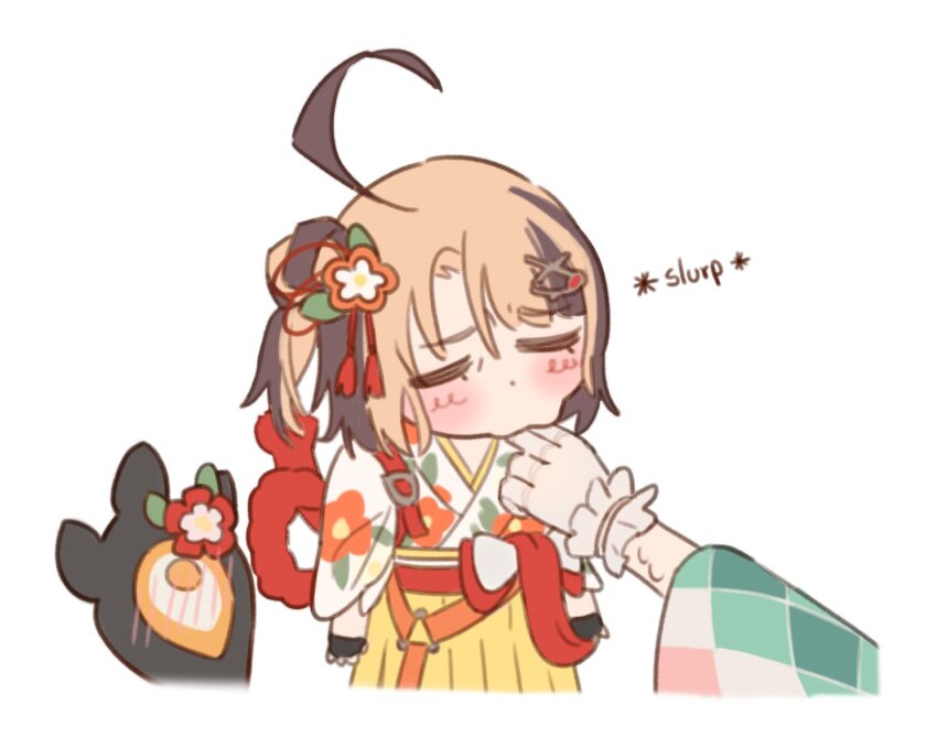 2girls, ahoge, black_gloves, blush, brown_hair, cecilia_immergreen, cecilia_immergreen_(new_year), chibi, chibi_only, closed_eyes, commentary, cropped_torso, english_commentary, english_text, fingerless_gloves, floral_print, floral_print_kimono, gigi_murin, gigi_murin_(new_year), gloves, hakama, hololive, hololive_english, huge_ahoge, isarobn, japanese_clothes, kimono, licking, licking_finger, long_sleeves, multiple_girls, official_alternate_hairstyle, pov, print_kimono, puckered_lips, simple_background, virtual_youtuber, white_background, white_gloves, white_kimono, yellow_hakama, yuri