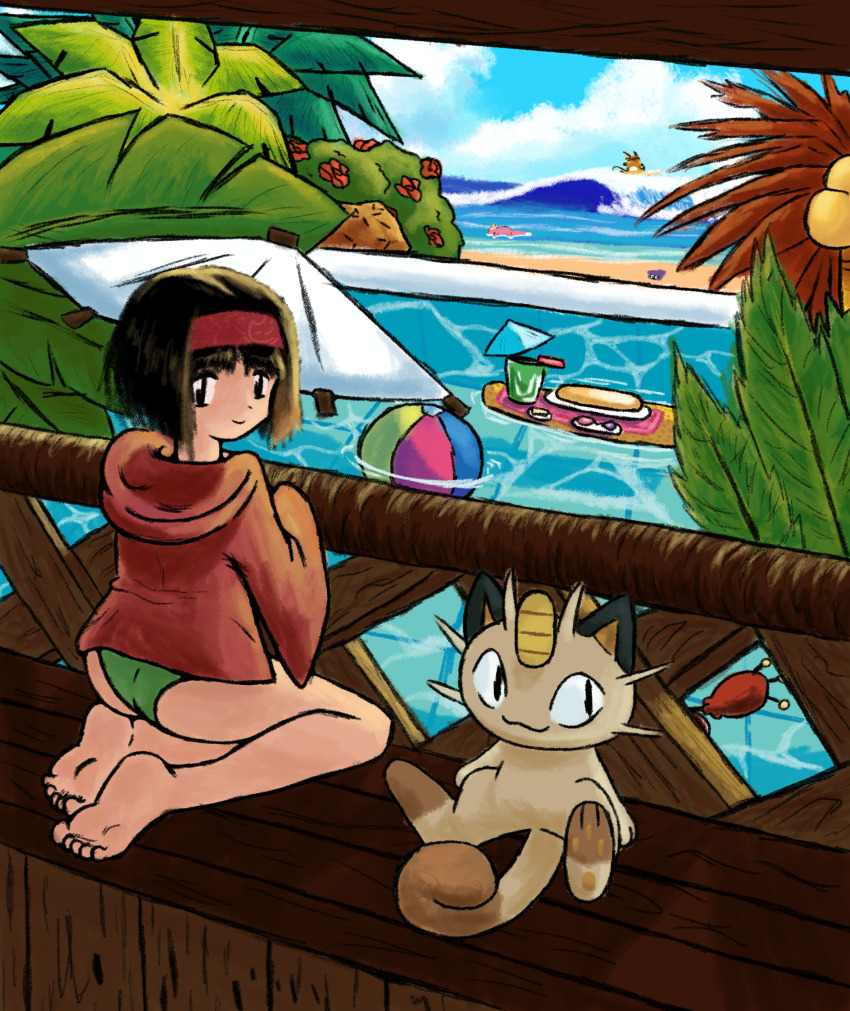 1girl, ass, barefoot, beach, bikini, erika_(pokemon), feet, gen_1_pokemon, gen_3_pokemon, highres, looking_back, meowth, nintendo, pokemon, pokemon_(creature), pokemon_red/green/blue/yellow, pool, poolside, raichu, self-upload, shellder, skitty, slowpoke, soles, swimsuit, taking_shelter, the_cal, toes, tropical
