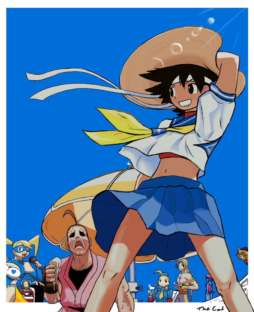 absurdres, beach, bikini, blue_sky, cammy_white, darkstalkers, food, hat, hibiki_dan, highres, hsien-ko, ice_cream, kanzuki_karin, kasugano_sakura, rainbow_mika, red_bikini, school_uniform, sky, street_fighter, street_fighter_zero_(series), sun_hat, sweat, swimsuit, the_cal, umbrella, vega_(street_fighter), view_between_legs