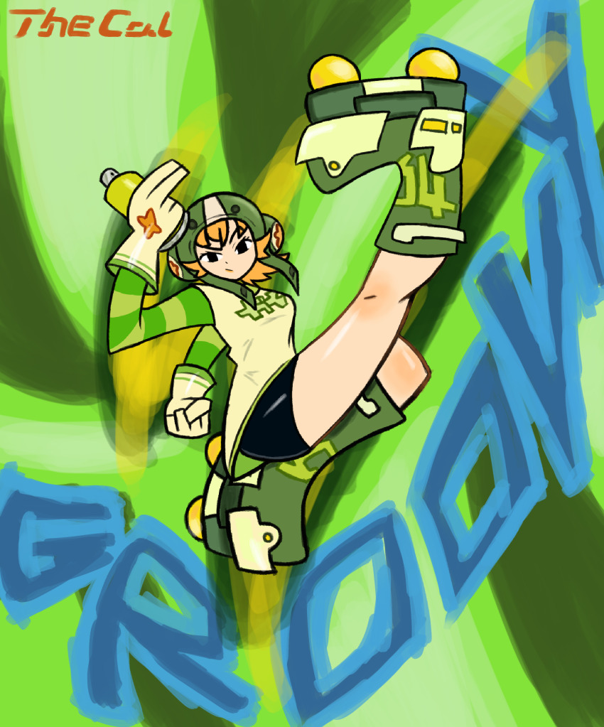 absurdres, black_shorts, blonde_hair, english_text, green_background, green_footwear, green_skirt, gum_(jsr)