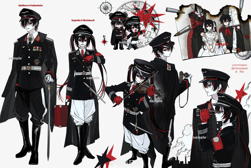 1boy, 1girl, absurdres, armband, artist_name, back-to-back, badge, bags_under_eyes, belt, high-waist_belt, belt_buckle, wallet_chain, binoculars, black_coat, black_footwear, black_hair, black_hat, black_jacket, black_necktie, black_pants, black_shorts, black_vest, blazer, blush, boots, bow, bow_(music), bowtie, breasts, buckle, bullet, burnt, buttons, chain, character_name, chenpeipeii, chibi, child, closed_mouth, coat, coat_on_shoulders, collared_shirt, colored_skin, commentary, commission, compass, cross, dress, earth_(planet), empty_eyes, expressionless, factory, from_side, full_body, gloves, hair_between_eyes, hair_ribbon, hand_grab, hand_on_another's_shoulder, hand_on_hand, hand_on_own_chest, hand_on_own_knee, hands_on_lap, hat, highres, holding, holding_binoculars, holding_bow_(music), holding_instrument, holding_suitcase, holding_sword, holding_violin, holding_weapon, insignia, instrument, iron_cross, jacket, knee_boots, lapels, leather, leather_boots, long_bangs, long_coat, long_sleeves, looking_ahead, looking_at_viewer, medal, military_hat, military_jacket, military_uniform, multicolored_hair, multiple_views, neckerchief, necktie, notched_lapels, open_mouth, original, overcoat, pants, peaked_cap, photo_(object), planet, puffy_pants, puffy_short_sleeves, puffy_sleeves, red_armband, red_eyes, red_gloves, red_neckerchief, red_necktie, red_streaks, reference_sheet, ribbon, saber_(weapon), sam_browne_belt, sample_watermark, scabbard, shaded_face, sheath, shirt, short_sleeves, short_sword, shorts, shoulder_belt, shoulder_boards, side-by-side, sidelocks, silhouette, sitting, small_breasts, smile, smoke, smoke_trail, standing, star_(symbol), straight_hair, streaked_hair, striped_clothes, suitcase, sword, untranslatable_commentary, tailcoat, torn_photo, trench_coat, twintails, vertical-striped_clothes, vest, violin, walking, watermark, weapon, weibo_watermark, white_background, white_belt, white_bow, white_bowtie, white_dress, white_gloves, white_pants, white_ribbon, white_shirt, white_skin, wing_collar