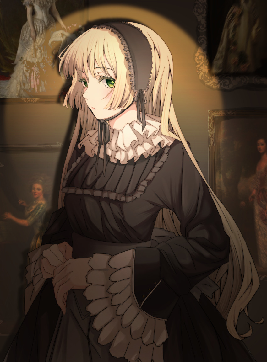 1girl, absurdres, accurate_lolita_coord, bib_collar, black_dress, blonde_hair, classic_lolita, dress, gosick, gothic_lolita, green_eyes, hairband, highres, horizontal_spotlight, lolita_fashion, lolita_hairband, long_hair, looking_at_viewer, solo, spotlight, user_ghhk5844, very_long_hair, victorica_de_blois