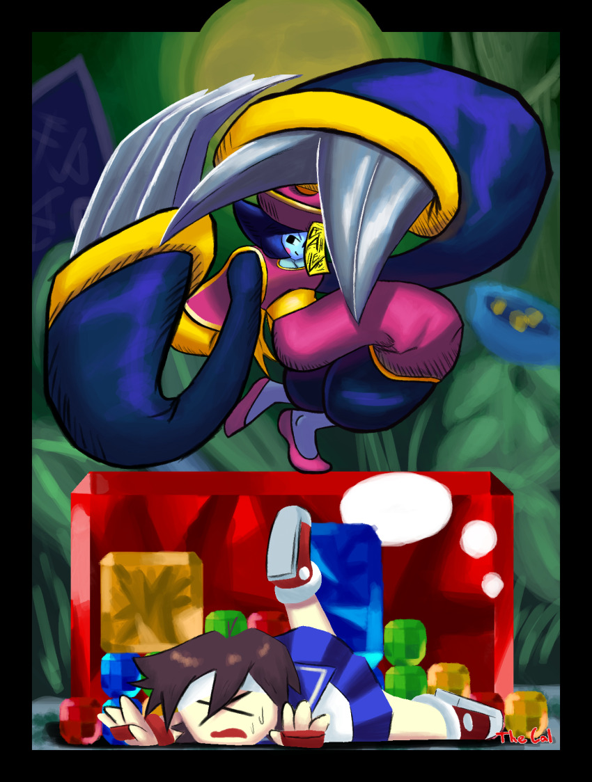 black_border, blue_gem, border, capcom, chibi, claws, darkstalkers, defeat