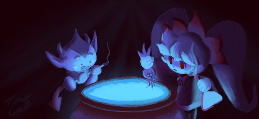 ashley_(warioware), blue_liquid, cooking_pot, dark_background, darkness, demon, glowing, glowing_eyes