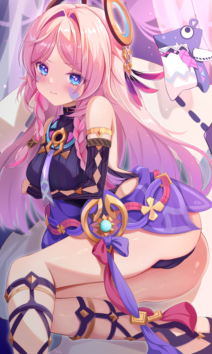 1girl, absurdres, ass, bare_shoulders, blue_eyes, blush, braid, breasts