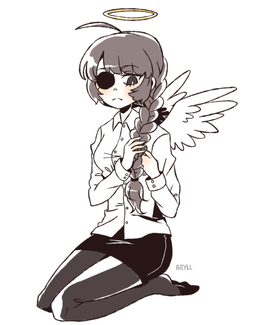 1girl, angel, angel_wings, aryll_(marbles), black_pantyhose, braid, braiding_hair, collared_shirt