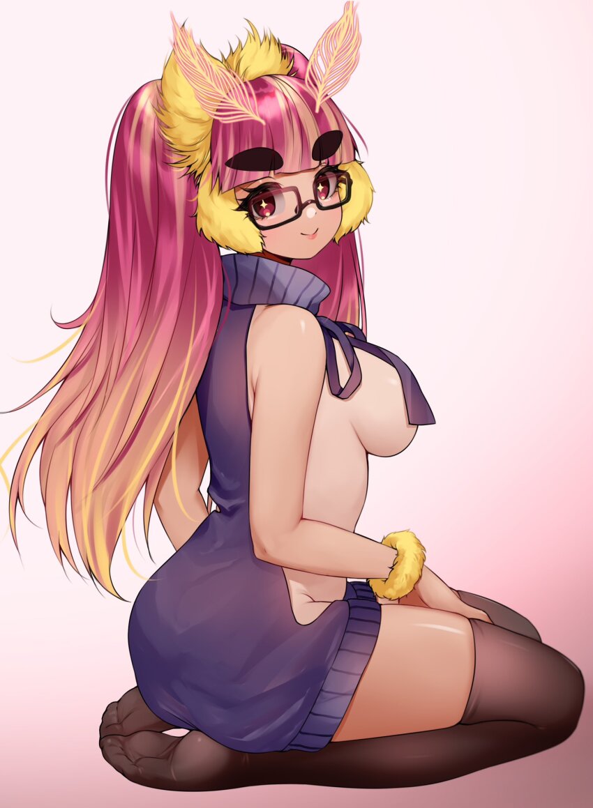 +_+, 1girl, antennae, arthropod_girl, ass, backwards_virgin_killer_sweater, blonde_hair, breasts