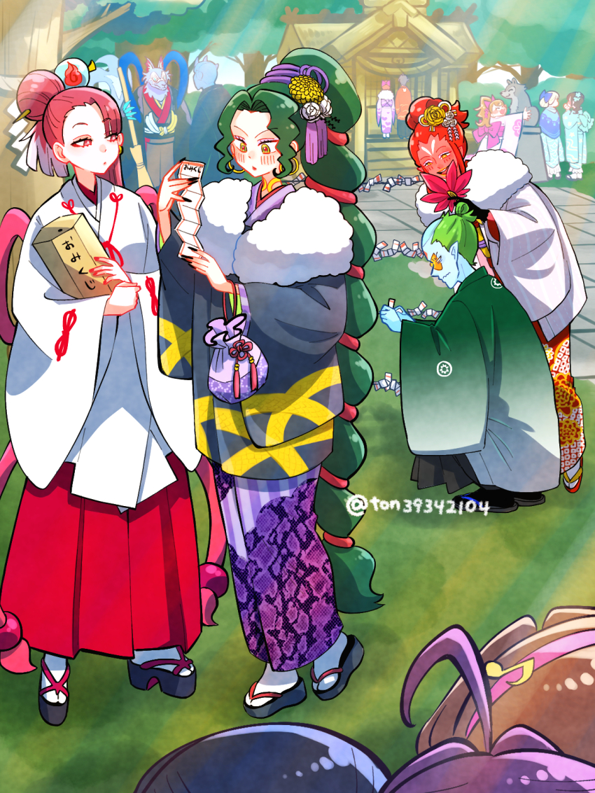 4boys, 6+girls, ahoge, aokaze_nana, aqua_scrunchie, back_bow, bald, black_gloves, black_haori, black_kimono, black_sandals, black_sash, black_socks, blonde_hair, blue_bow, blue_hair, blue_kimono, blue_skin, blue_sweater, blush, bow, box, brown_hair, brown_kimono, chihaya_(clothing), closed_eyes, colored_skin, demon_girl, earrings, folding_fan, fortissimo, fur-trimmed_kimono, fur_trim, furry, furry_male, gaou_(precure), gloves, green_hair, green_haori, hair_bow, hair_bun, hair_ornament, hairband, hairpin, hakama, hand_fan, haori, hatsumoude, high_ponytail, highres, hirogaru_sky!_precure, holding, holding_box, holding_fan, holding_omikuji, holding_staff, horns, hugging_object, in-franchise_crossover, inukai_iroha, inukai_komugi, japanese_clothes, jewelry, kappa, kappard_(precure), kimi_to_idol_precure, kimono, kinchaku, long_hair, medium_hair, miko, multi-tied_hair, multicolored_hair, multiple_boys, multiple_girls, musical_note, musical_note_hair_ornament, nekoyashiki_mayu, nekoyashiki_yuki, new_year, obi, omikuji, oni, open_mouth, ophiuchus_(precure), orange_haori, pink_bow, pink_hair, pink_hairband, pink_kimono, pink_sash, pointy_ears, ponytail, pouch, precure, purple_bag, purple_hair, purple_kimono, red_eyes, red_footwear, red_hair, red_hakama, red_kimono, red_skin, sakura_uta_(precure), sandals, sash, scrunchie, shigure_kokoro, short_hair, shrine, side_ponytail, single_hair_bun, skearhead, smile, socks, staff, star-shaped_pupils, star_(symbol), star_twinkle_precure, statue, sunglasses, sweater, symbol-shaped_pupils, tabi, tengu, tenjou_(precure), ton_(ton39342104), topknot, torame_(precure), torame_(wolf)_(precure), toyama_satoru, twitter_username, two-tone_hair, very_long_hair, very_short_hair, white_kimono, white_socks, wonderful_precure!, yellow_eyes, zakuro_(precure), zouri