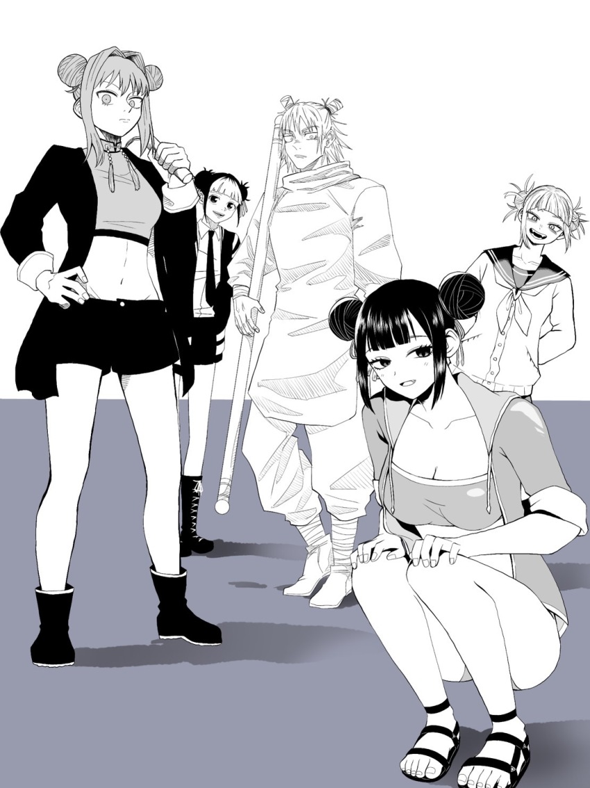 1boy, 4girls, :d, arms_behind_back, black_footwear, black_shorts, boku_no_hero_academia, breasts, cleavage, double_bun, greyscale, hair_bun, hair_intakes, hand_on_own_hip, highres, hinao_(kagurabachi), holding, holding_weapon, jacket, jinzou_ningen_100, jujutsu_kaisen, kagurabachi, kashimo_hajime, medemedenomi, minmin_(fabricant_100), monochrome, multicolored_hair, multiple_girls, navel, nue_no_onmyouji, open_mouth, sandals, school_uniform, shorts, small_breasts, smile, squatting, toga_himiko, trait_connection, tsujita_(nue_no_onmyouji), two-tone_hair, weapon