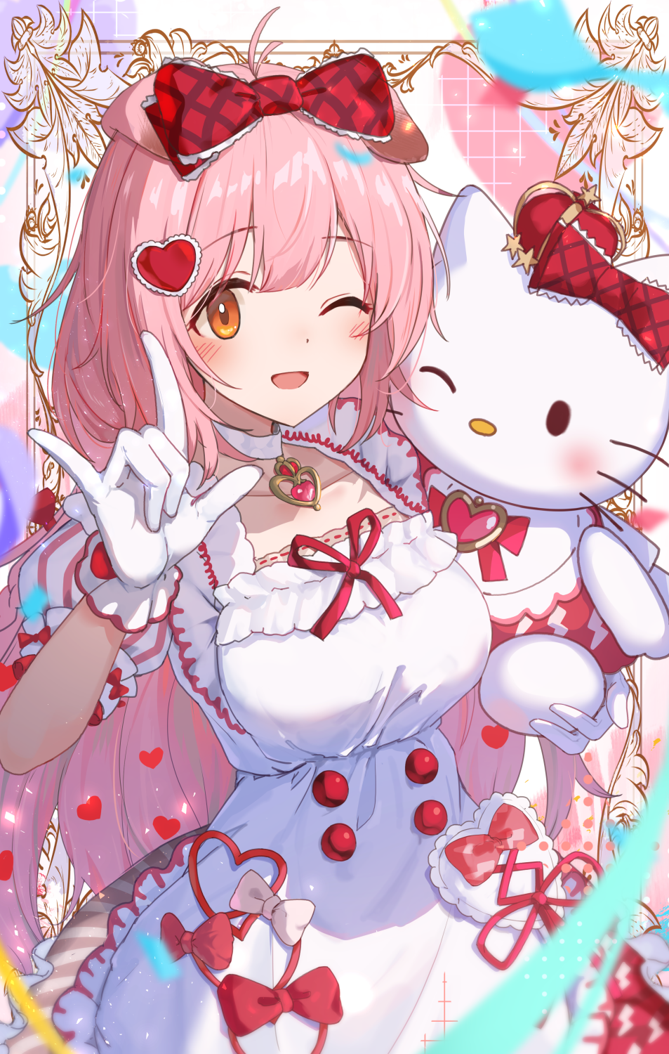 18_yen_coin, 1girl, ;d, \m/, animal_ears, arknights, blush, bow, breasts, carrying, cat_ears, cat_girl, collarbone, commentary_request, cowboy_shot, dot_nose, dress, gloves, goldenglow_(arknights), goldenglow_(party_in_the_garden)_(arknights), hair_bow, hair_ornament, hand_up, heart, heart_hair_ornament, hello_kitty, hello_kitty_(character), highres, looking_at_viewer, medium_breasts, official_alternate_costume, official_alternate_hair_length, official_alternate_hairstyle, one_eye_closed, open_mouth, orange_eyes, pink_hair, puffy_short_sleeves, puffy_sleeves, red_bow, red_ribbon, ribbon, sanrio, short_sleeves, smile, white_dress, white_gloves