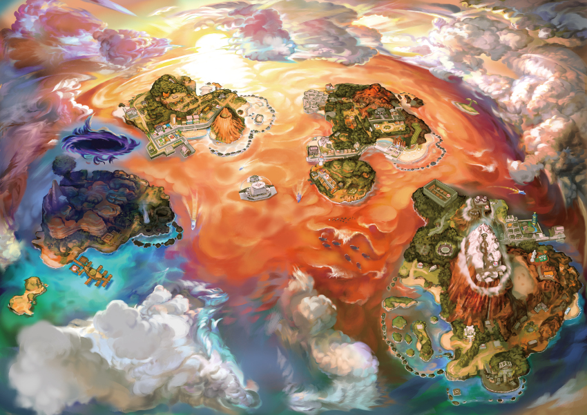 absurdres, alola_map, artist_request, beach, boat, building, city, cloud, cloudy_sky, desert, dock, fog, forest, gen_3_pokemon, highres, island, map, melemele_island, mountain, nature, nintendo, no_humans, ocean, official_art, orange_sky, paniola_ranch, pokemon, pokemon_(creature), pokemon_ultra_sun_and_ultra_moon, second-party_source, sky, sunset, town, tree, vast_poni_canyon, volcano, wailord, water, watercraft, wela_volcano_park