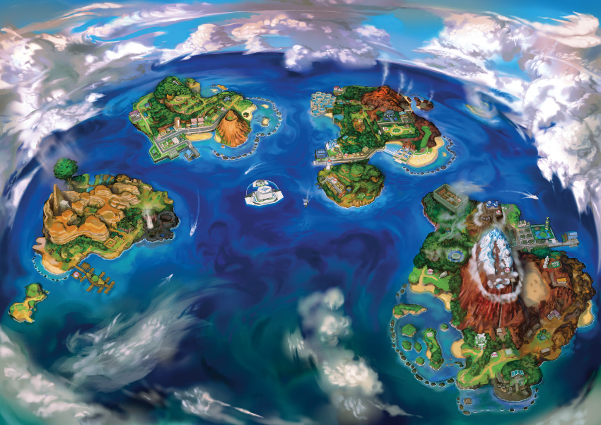absurdres, alola_map, artist_request, beach, blue_sky, boat, building, city, cloud, cloudy_sky, desert, dock, fog, forest, highres, island, map, melemele_island, mountain, nature, nintendo, no_humans, ocean, official_art, paniola_ranch, pokemon, pokemon_sun_and_moon, second-party_source, sky, town, tree, vast_poni_canyon, volcano, water, watercraft, wela_volcano_park