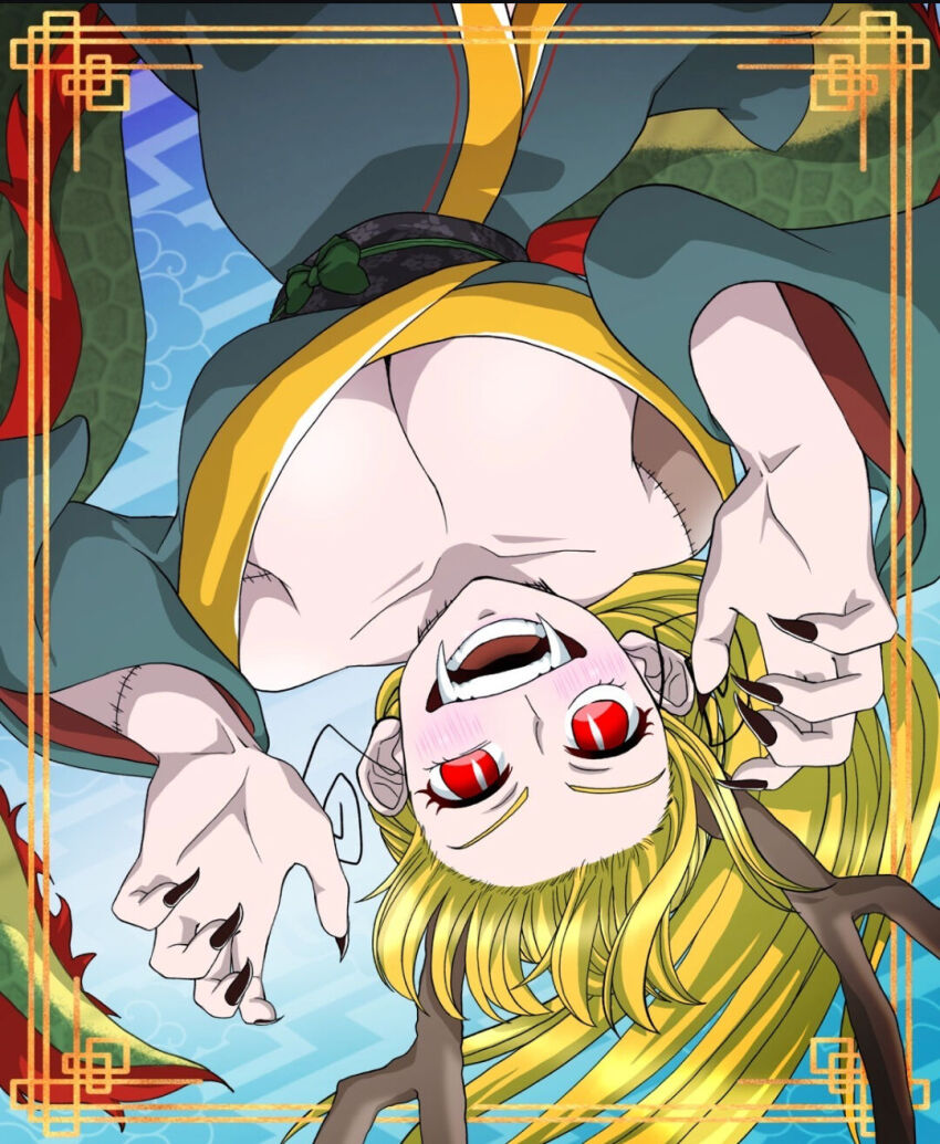 1girl, :d, antlers, black_nails, blonde_hair, blue_background, breasts, brown_horns