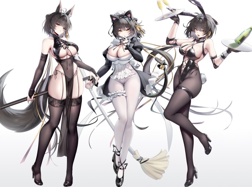 1girl, :o, absurdres, alternate_costume, animal_ear_fluff, animal_ear_hairband, animal_ears, apron, bare_shoulders, bell, black_bow, black_bridal_gauntlets, black_dress, black_footwear, black_gloves, black_hair, black_leotard, black_pantyhose, black_thighhighs, bow, breasts, bridal_gauntlets, broom, cat_ears, cat_tail, closed_mouth, colored_inner_hair, commentary, covered_navel, cross-laced_clothes, cross-laced_leotard, dress, elbow_pads, enmaided, fake_animal_ears, fake_tail, female_rover_(wuthering_waves), finger_to_mouth, fox_tail, full_body, gloves, gluteal_fold, hair_bow, hair_ornament, hair_ribbon, hairband, hairclip, high-low_dress, high_heels, highres, holding, holding_broom, holding_sword, holding_weapon, large_breasts, leotard, long_hair, long_sleeves, looking_at_viewer, maid, maid_headdress, multicolored_hair, multiple_views, paid_reward_available, pantyhose, playboy_bunny, rabbit_ears, rabbit_tail, ribbon, rourou_(been), rover_(wuthering_waves), scabbard, sheath, sheathed, short_apron, short_dress, simple_background, skindentation, solo_focus, sword, tail, tail_bell, tail_bow, tail_ornament, thigh_gap, thighhighs, thighs, very_long_hair, weapon, white_apron, white_background, white_hair, white_pantyhose, wuthering_waves, yellow_eyes, yellow_ribbon