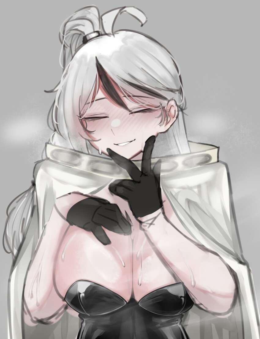 1girl, absurdres, ahoge, black_gloves, blush, breasts, cloak, closed_eyes
