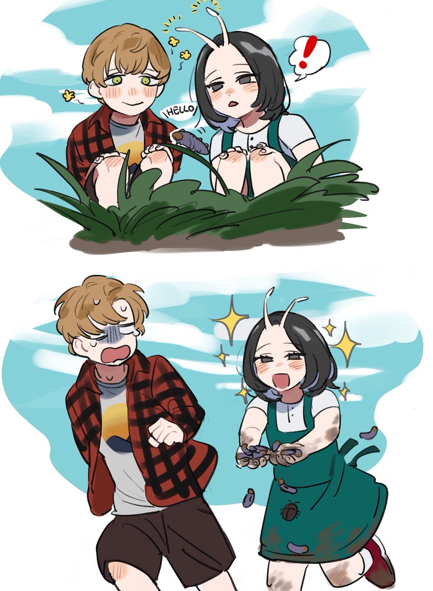 1boy, 1girl, aged_down, alien, antennae, black_eyes, black_hair, blush, brother_and_sister, brown_hair, bug, closed_mouth, dirty, dirty_clothes, dirty_hands, dress, green_eyes, guardians_of_the_galaxy, half-siblings, happy, highres, holding, mantis_(marvel), marvel, nahnohk, open_mouth, peter_quill, scared, short_hair, siblings, smile, tears