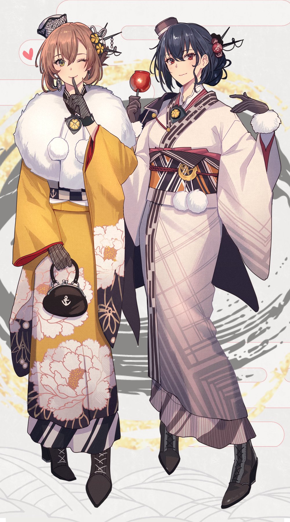 2girls, bell, black_footwear, black_gloves, black_hair, blush, boots, brown_hair, contrapposto, dragon, earrings, floral_print, full_body, fur-trimmed_gloves, fur-trimmed_kimono, fur_trim, gloves, gradient_clothes, gradient_kimono, green_eyes, hair_between_eyes, hair_bun, hair_ornament, hat, headgear, high_heel_boots, high_heels, highres, holding, holding_umbrella, japanese_clothes, jewelry, jingle_bell, kantai_collection, kasumi_(skchkko), kimono, light_smile, lion_dance, long_sleeves, looking_at_viewer, mini_hat, multiple_girls, mutsu_(kancolle), mutsu_(new_year)_(kancolle), nagato_(kancolle), nagato_(new_year)_(kancolle), new_year, obi, obidome, obijime, official_alternate_costume, official_alternate_hairstyle, official_art, oil-paper_umbrella, one_eye_closed, orange_kimono, pom_pom_(clothes), red_eyes, sash, shishimai, short_hair, single_hair_bun, smile, tilted_headwear, umbrella, white_kimono, wide_sleeves, yagasuri