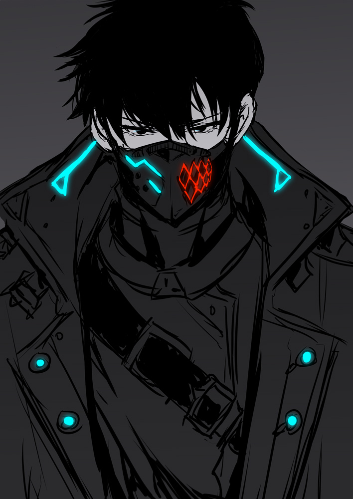 1boy, belt, black_hair, glowing_clothes, glowing_mask, hair_between_eyes, high_collar, jacket