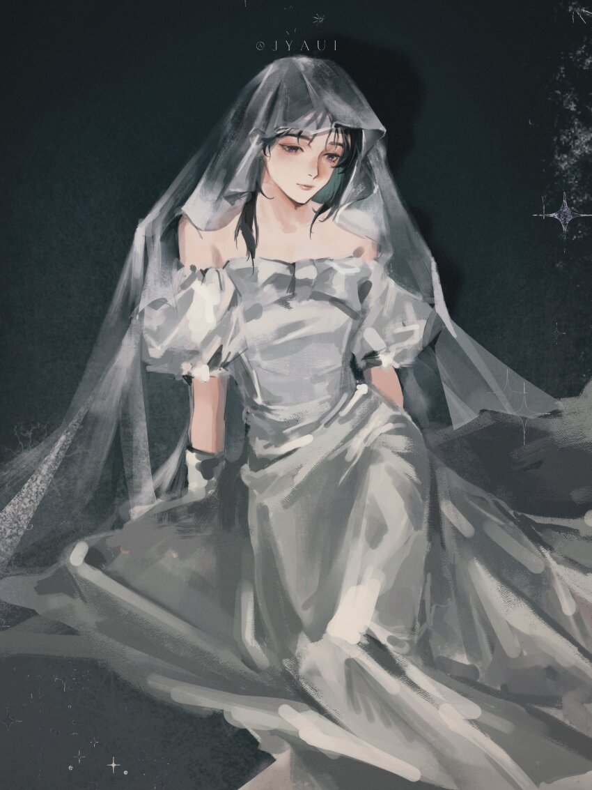 1girl, alien_stage, alternate_costume, artist_name, bare_shoulders, black_hair, bow, bridal_veil