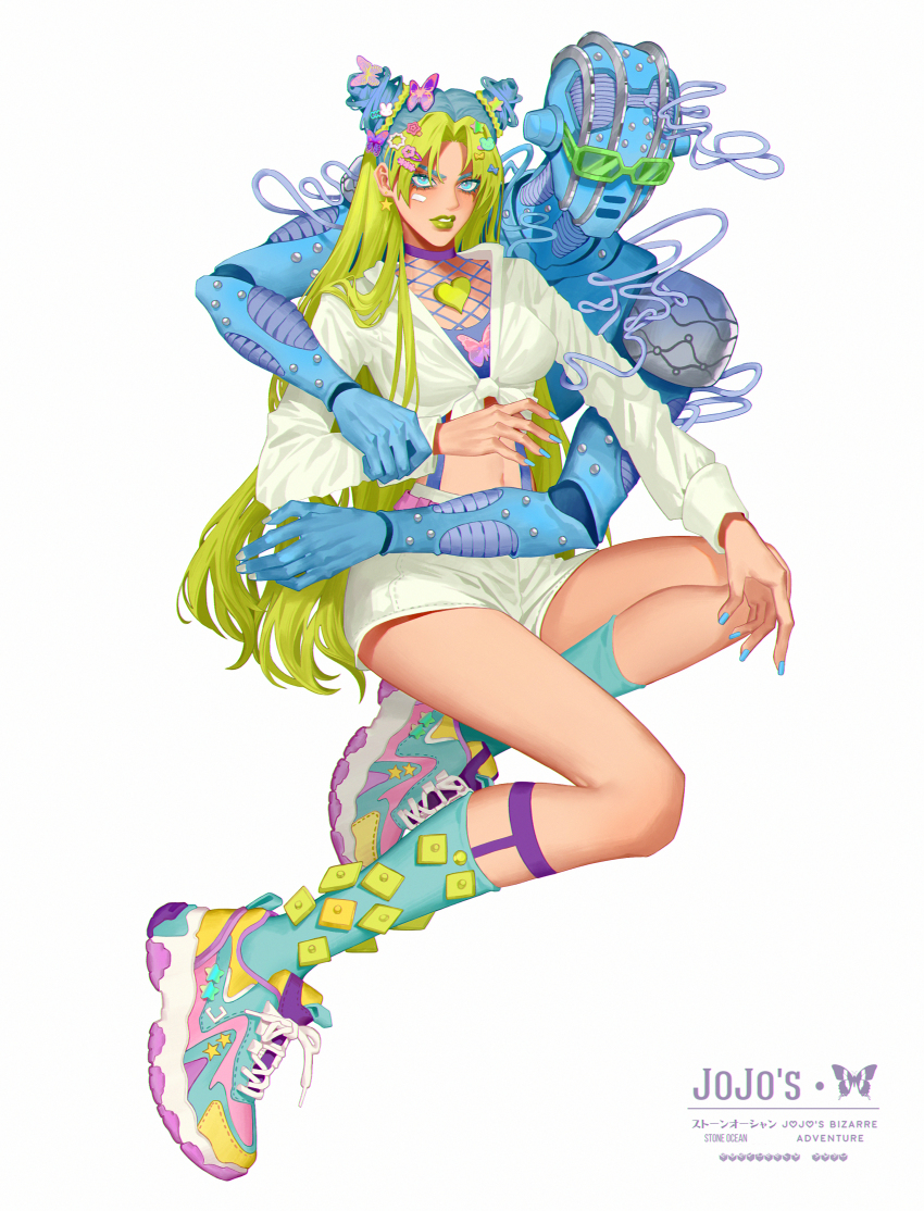 2girls, absurdres, animal_print, blue_nails, braid, bun_with_braided_base, butterfly_print, commentary