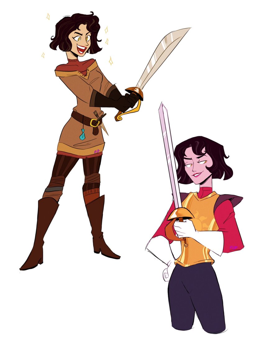 armor, belt, black_gloves, black_hair, boots, breastplate, breasts, brown_shirt