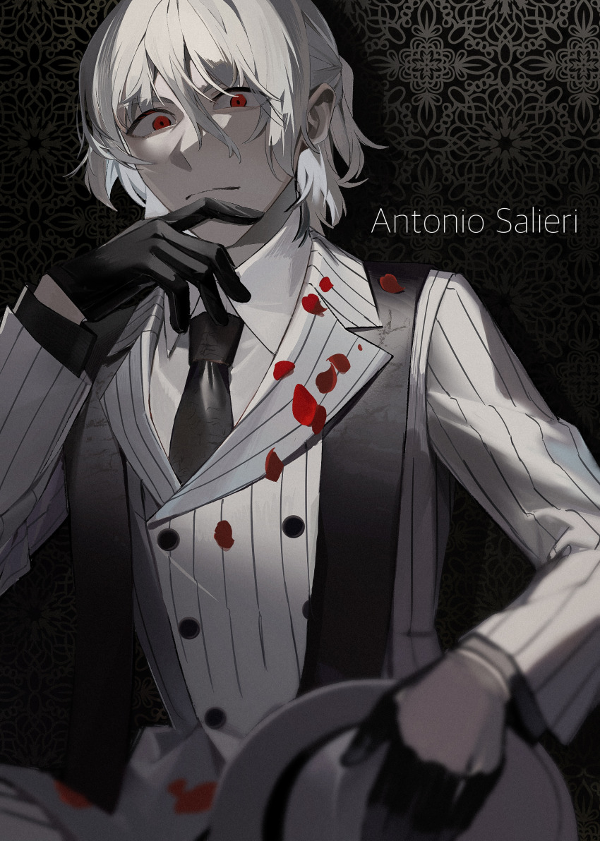 1boy, absurdres, alternate_costume, antonio_salieri_(fate), antonio_salieri_(fgo_fes._2022)_(fate), black_background, black_gloves, black_necktie, buttons, character_name, closed_mouth, collared_shirt, commentary, double-breasted, english_commentary, falling_petals, fate/grand_order, fate_(series), fedora, film_grain, frown, gloves, hair_between_eyes, half_updo, hand_on_own_chin, hat, highres, holding, holding_unworn_clothes, holding_unworn_hat, jacket, lapels, long_sleeves, looking_at_viewer, male_focus, necktie, patterned_background, peaked_lapels, petals, pinstripe_jacket, pinstripe_pattern, red_eyes, shirt, simple_background, solo, stole, unworn_hat, unworn_headwear, white_hair, white_hat, white_jacket, white_shirt, wing_collar, yukkuri_(fumoyun)
