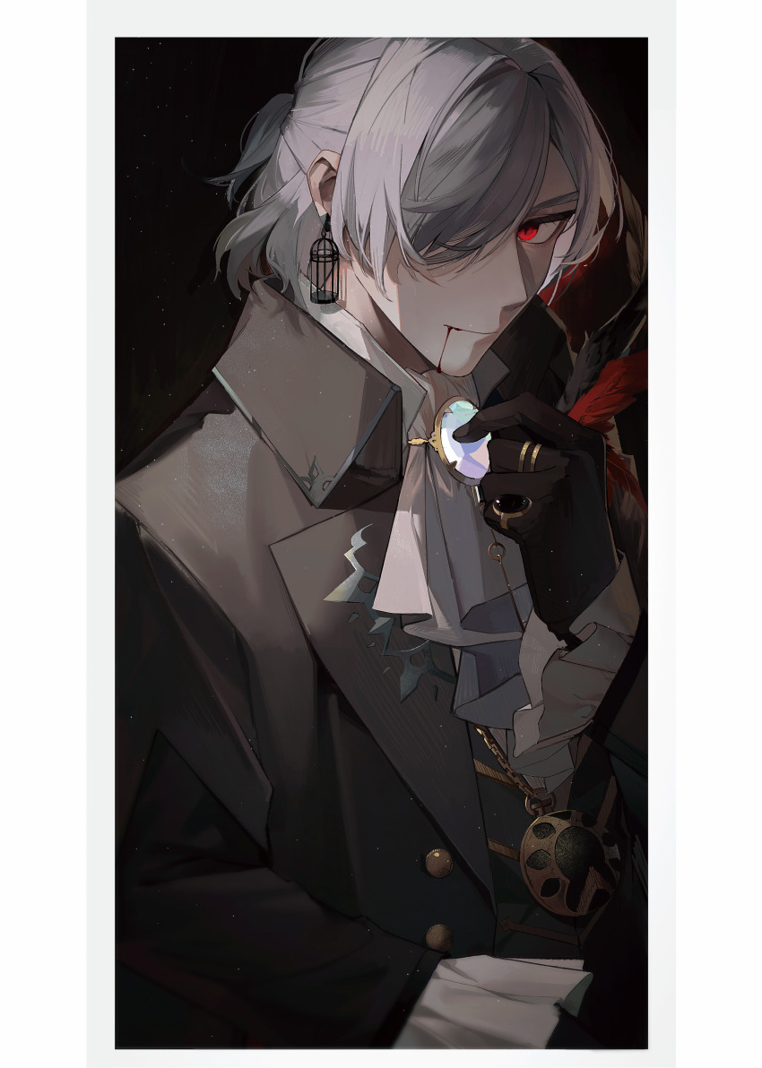 1boy, absurdres, adjusting_clothes, antonio_salieri_(fate), antonio_salieri_(masquerade_of_the_vampire)_(fate), ascot, birdcage, black_background