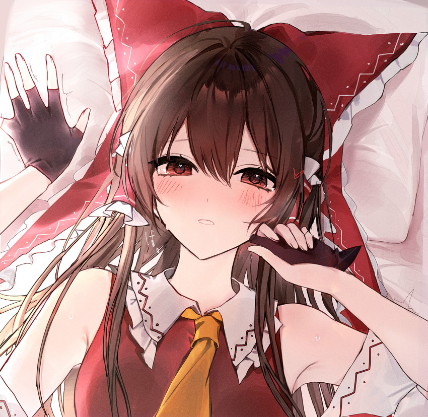 2girls, ascot, bare_shoulders, blush, bow, brown_hair, collared_shirt, commentary_request