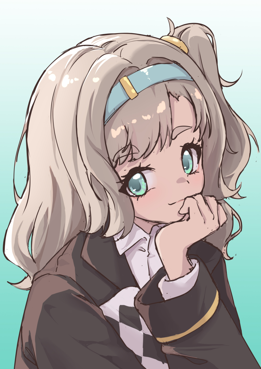 1girl, absurdres, aqua_background, blazer, blue_eyes, blue_hairband, chi_jiecao_de_tianshi, collared_shirt